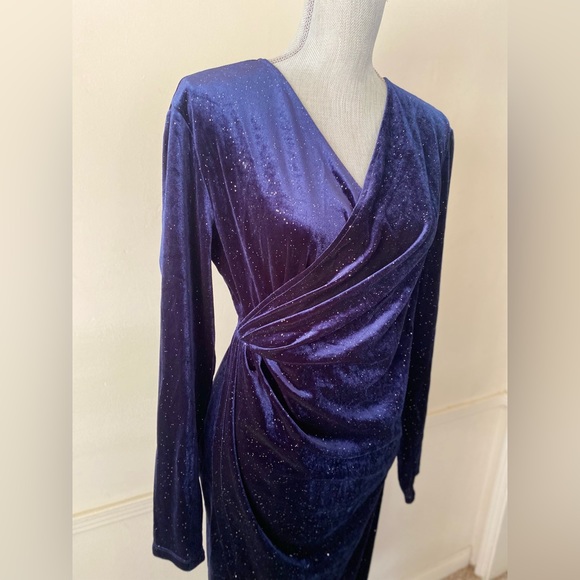 LAUGHIDO WRAP V-NECK LONG SLEEVE SLIT VELVET BLUE GLITTER DRESS SIZE XL 🌟NWOT🌟 - Picture 3 of 15